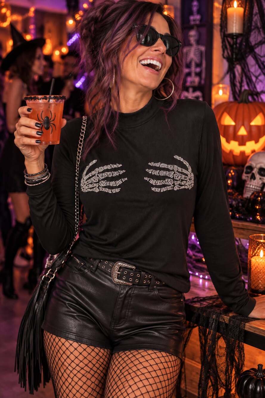 Black Mock Neck Rhinestone Skeleton Hands Long Sleeve Shirt